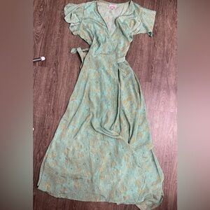 Cienna Silk Blend Boho Maxi Wrap Dress S Mint Green Gold Metallic India Festival